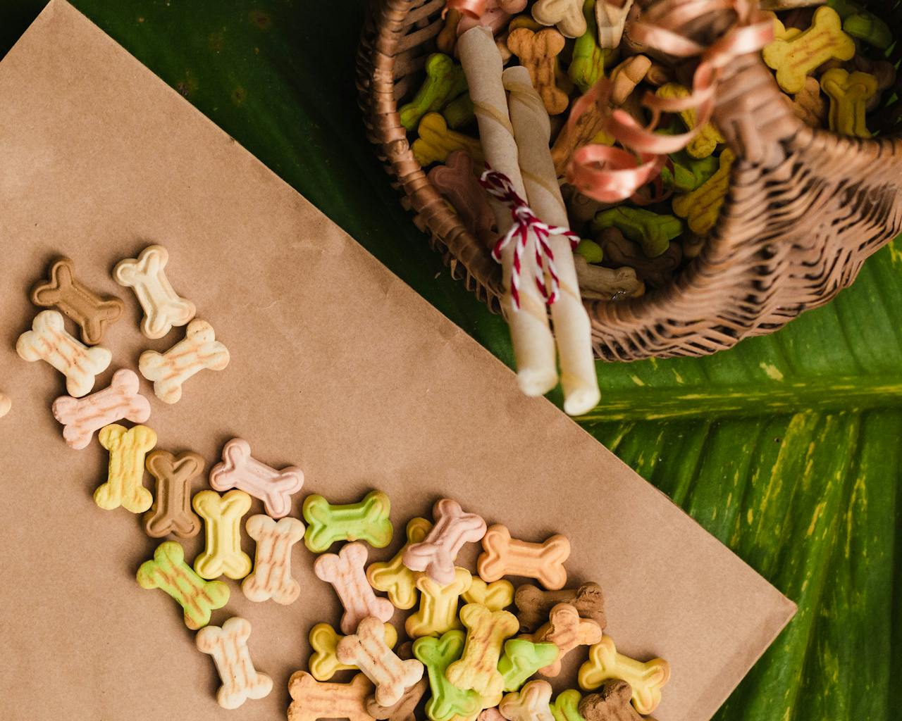 A flat lay of colorful dog bone treats scattered from a woven basket on a leaf surface.